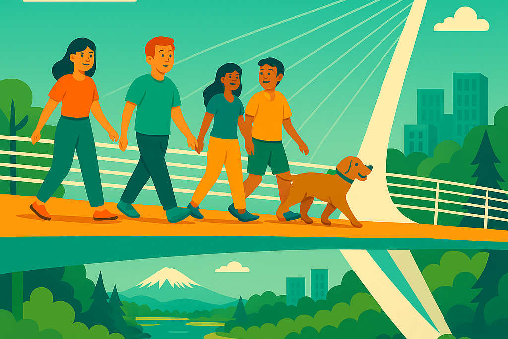 group of people walking across sundial bridge with their dog