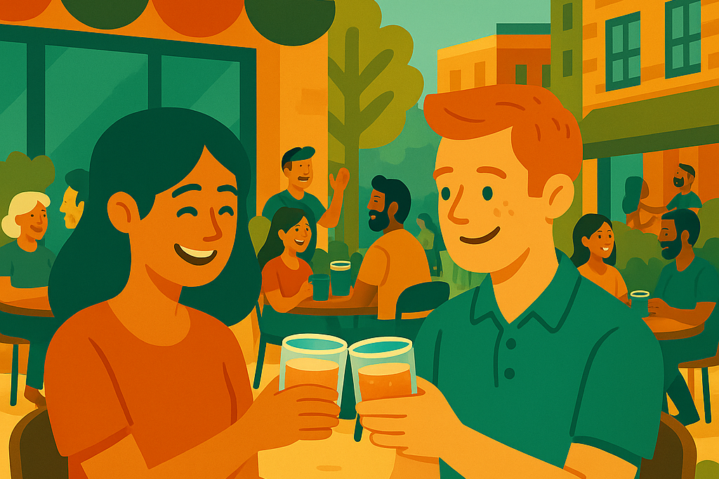 couple sitting on patio in downtown redding with glasses raised