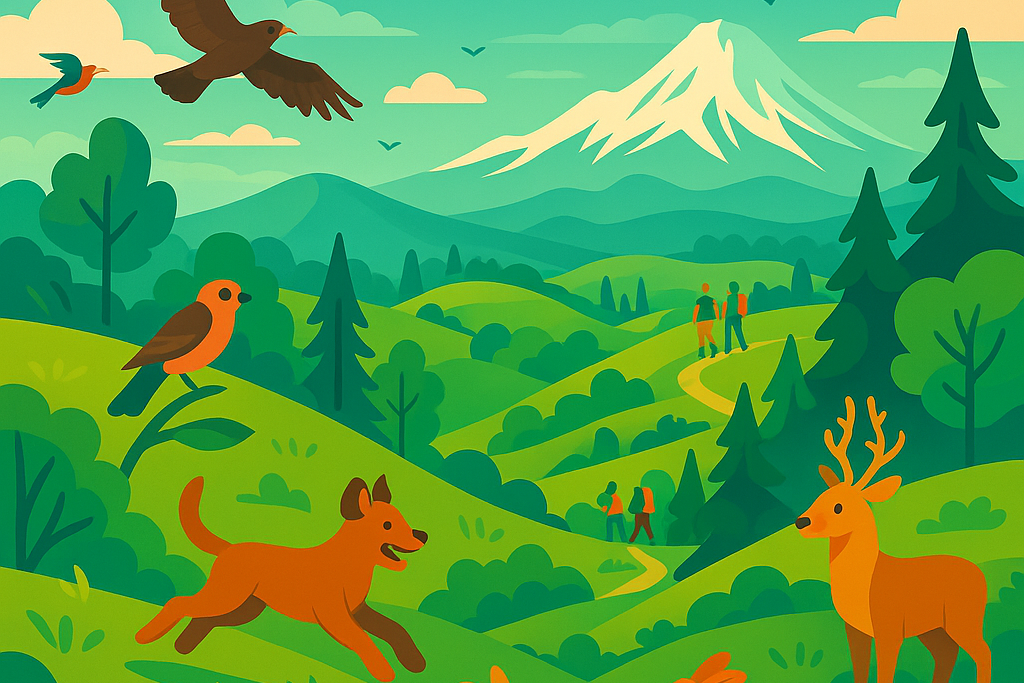 beautiful rolling hills with happy animals and hikers in the distance