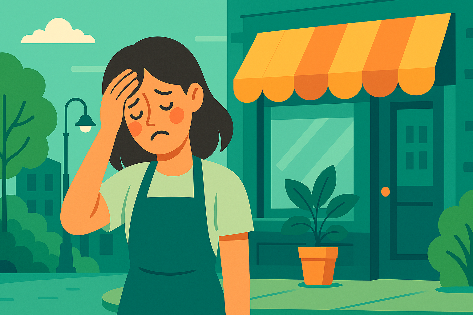 SLS frustrated redding woman in front of local business landscape