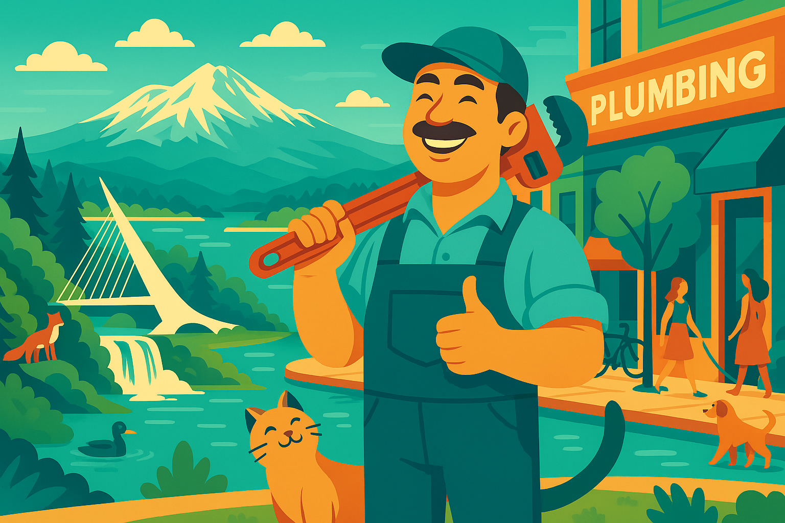 Smiling Redding plumber with wrench and happy cat
