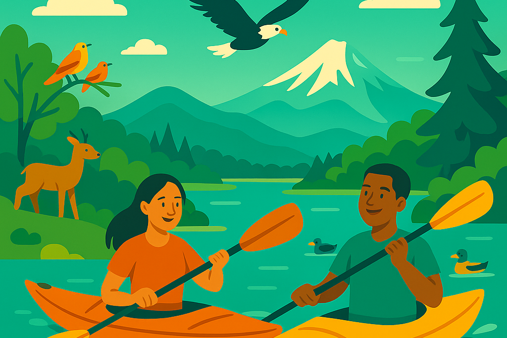 kayaking couple on shasta lake surrounded by wildlife